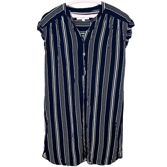 Ann Taylor LOFT Navy Blue/White Striped Shift Midi Petite Dress Sz. S - Picture 1 of 9